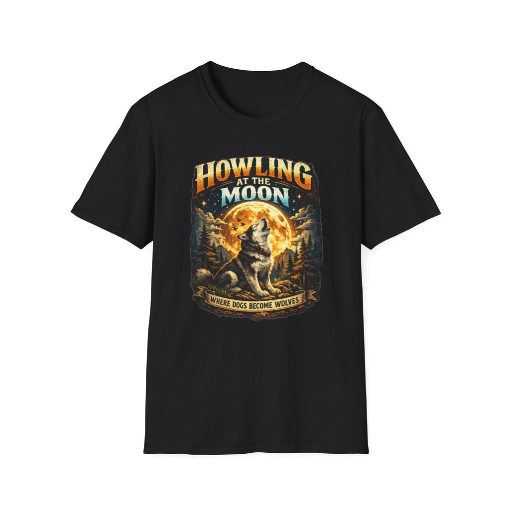 Howling at the Moon T-Shirt — Vintage Wolf Graphic (“Where Dogs Become Wolves”)
