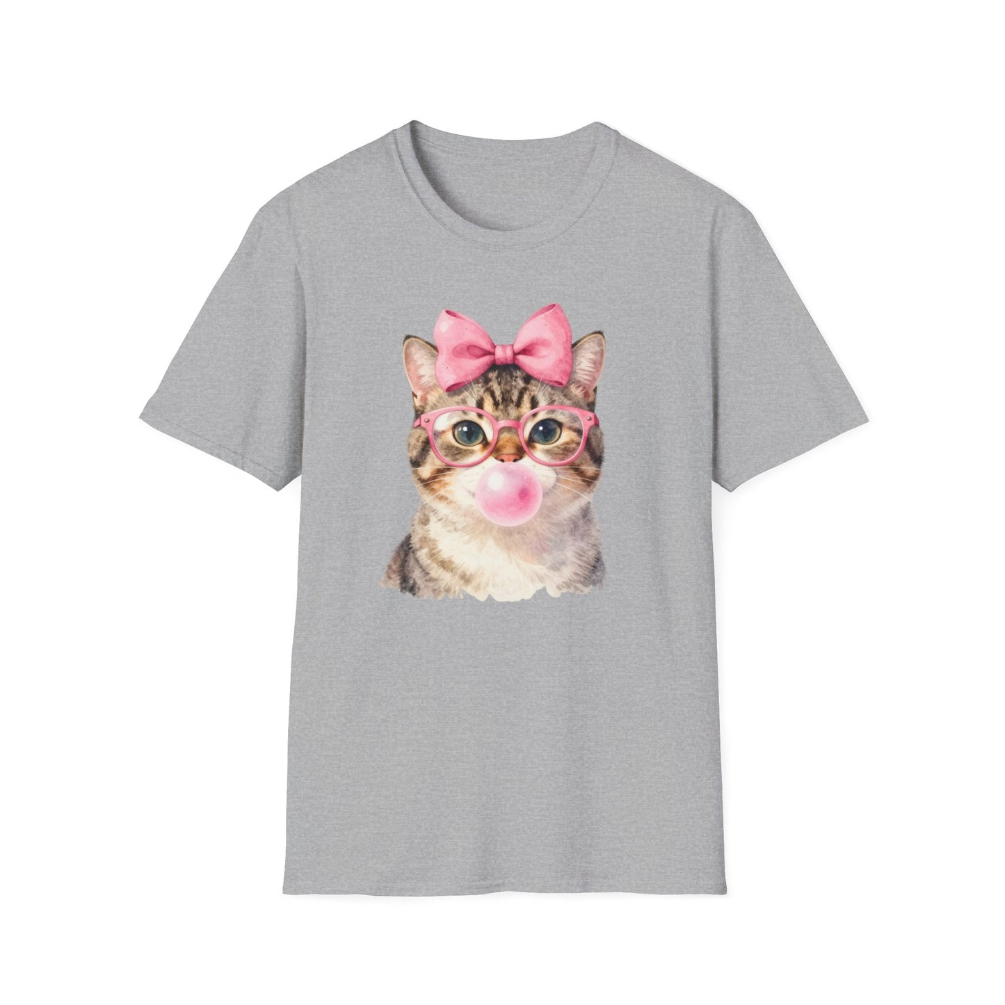 Camiseta de gato adorable: gatito con gafas, lazo rosa y chicle
