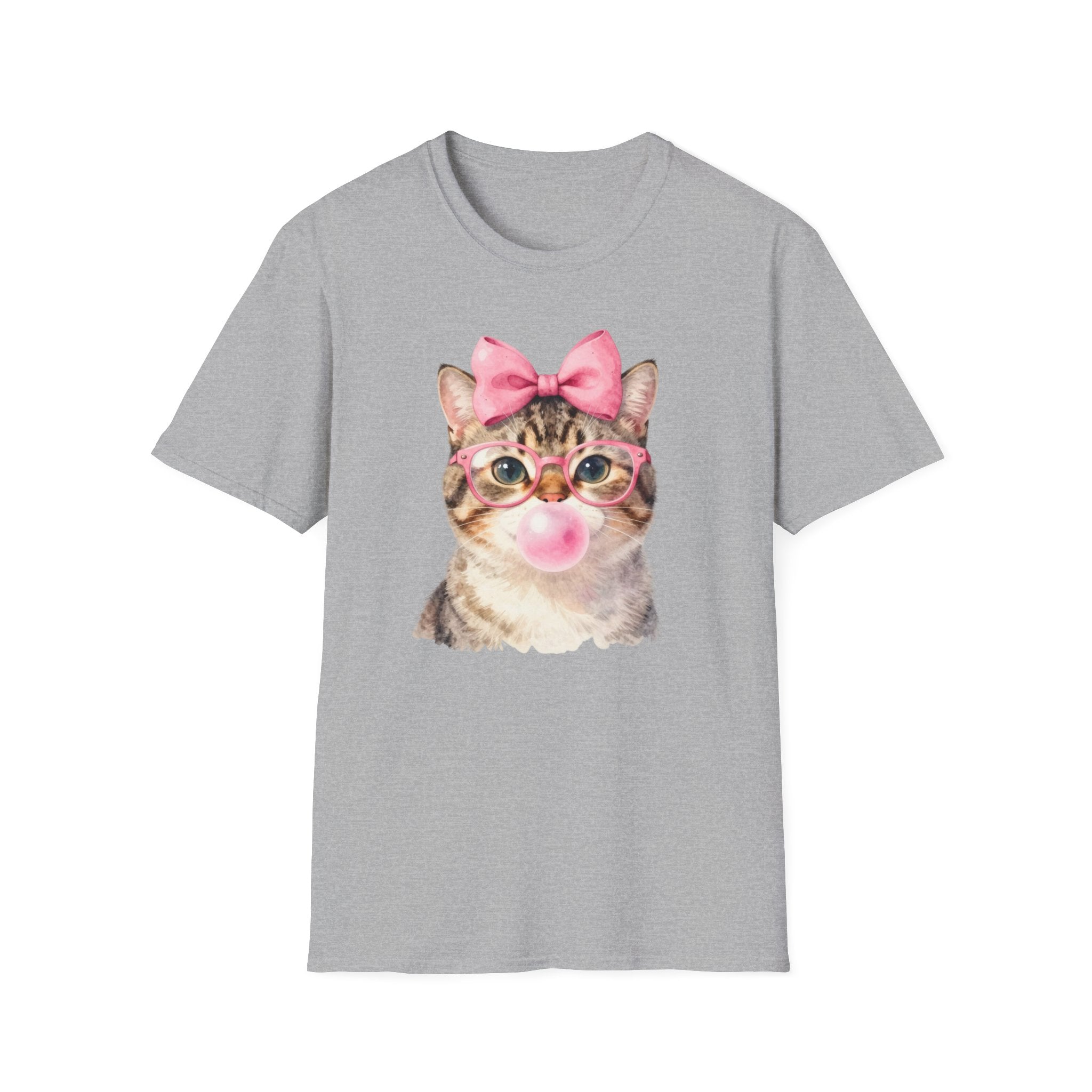 Cute Cat T-Shirt — Kitty with Glasses, Pink Bow & Bubblegum