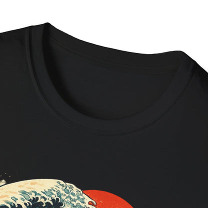 Camiseta Surfing Cat — Camiseta con gráfico de atardecer estilo japonés con olas retro