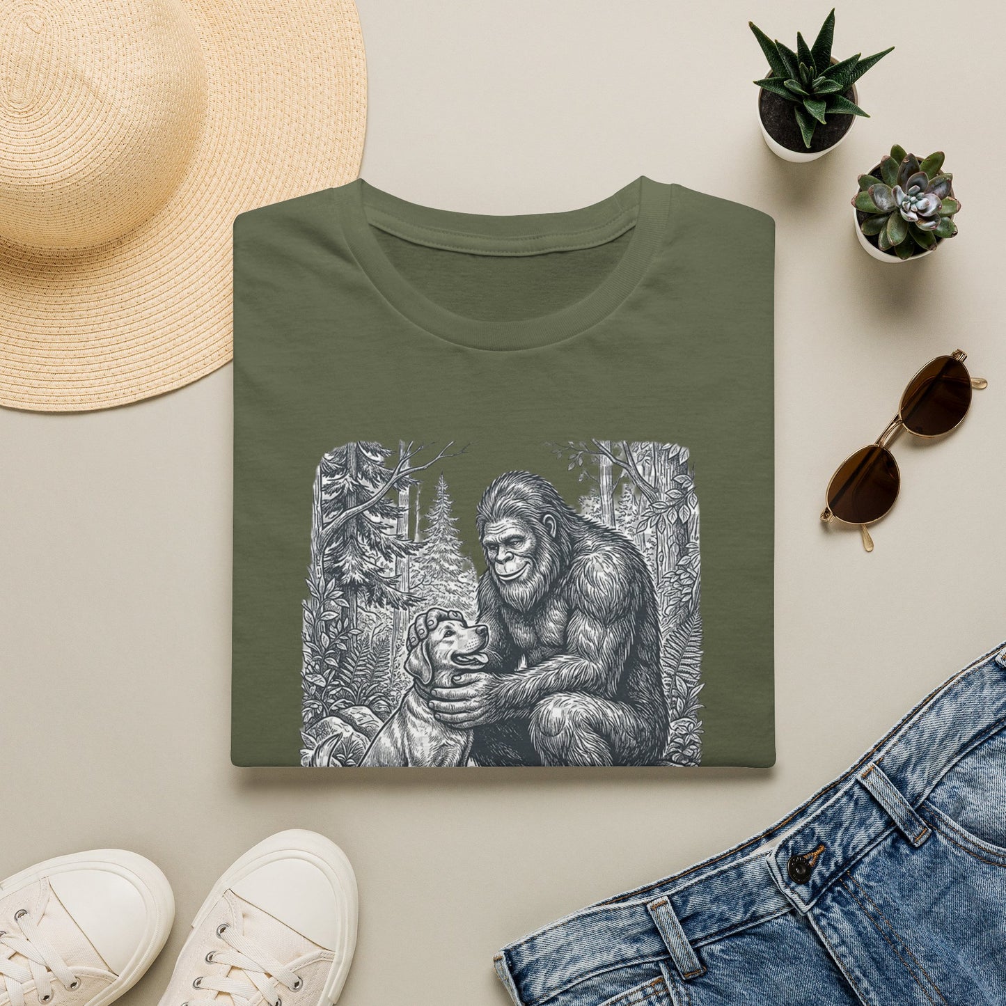 Bigfoot & Dog Graphic T-Shirt — Retro Wilderness Sasquatch Design