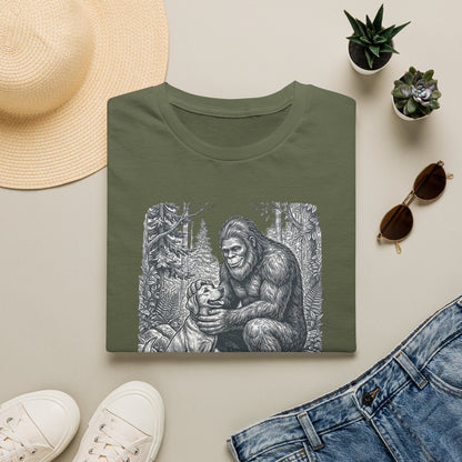 Bigfoot & Dog Graphic T-Shirt — Retro Wilderness Sasquatch Design