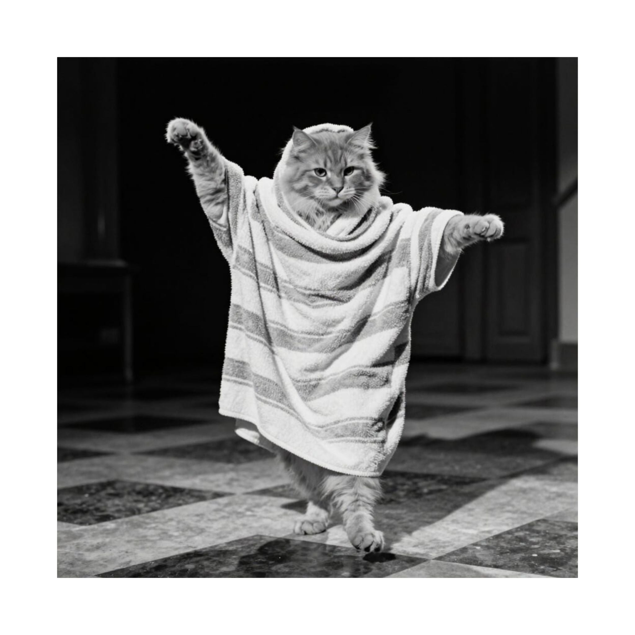 Digital download Dancing Cat Matte Vertical Poster — Vintage Black & White Cat in Towel