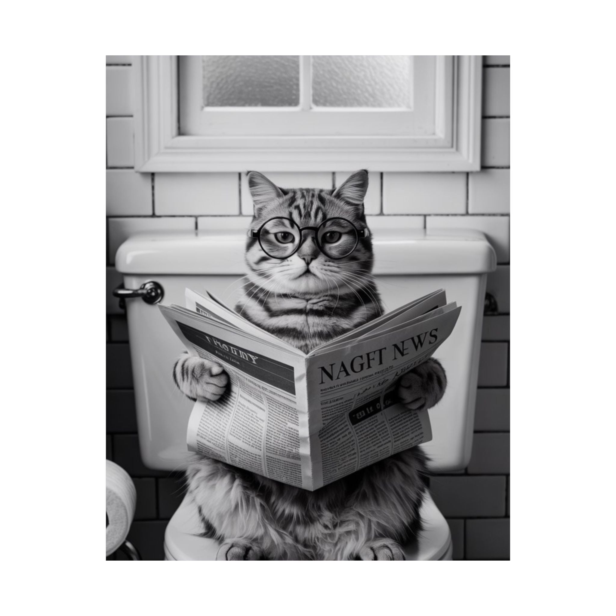Digital download Cat Reading Newspaper Poster — Funny Black & White Matte Vertical Wall Art