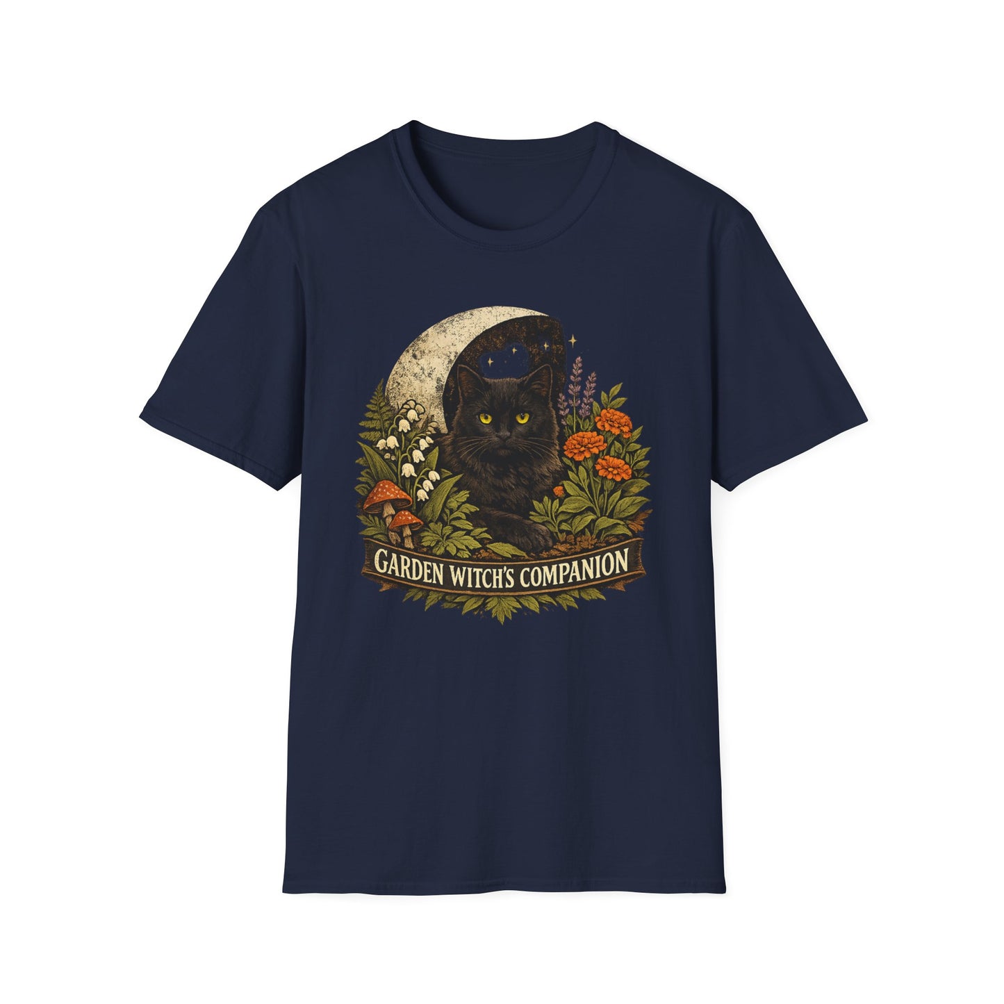 Garden Witch's Companion Cat T-Shirt — Moon, Marigold & Lily of the Valley Graphic Tee