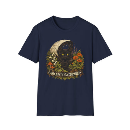 Garden Witch's Companion Cat T-Shirt — Moon, Marigold & Lily of the Valley Graphic Tee