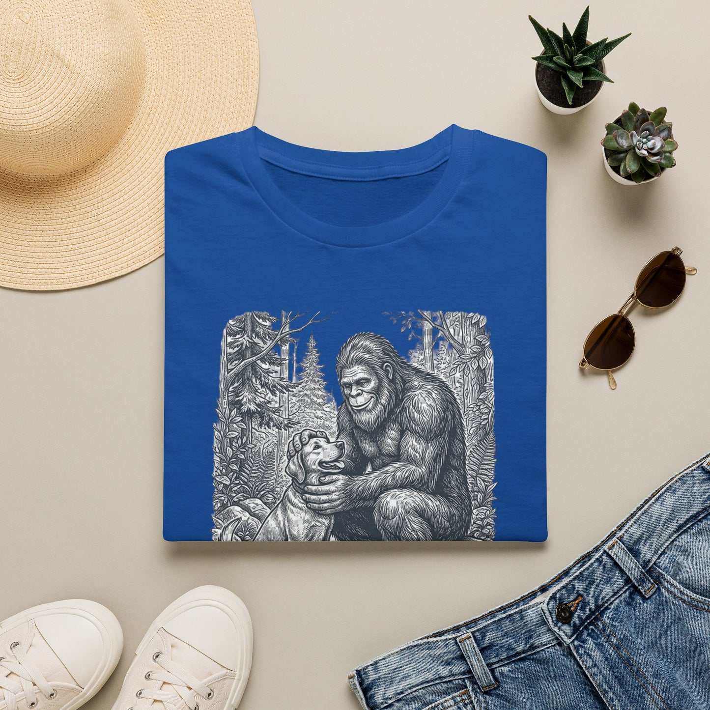 Bigfoot & Dog Graphic T-Shirt — Retro Wilderness Sasquatch Design