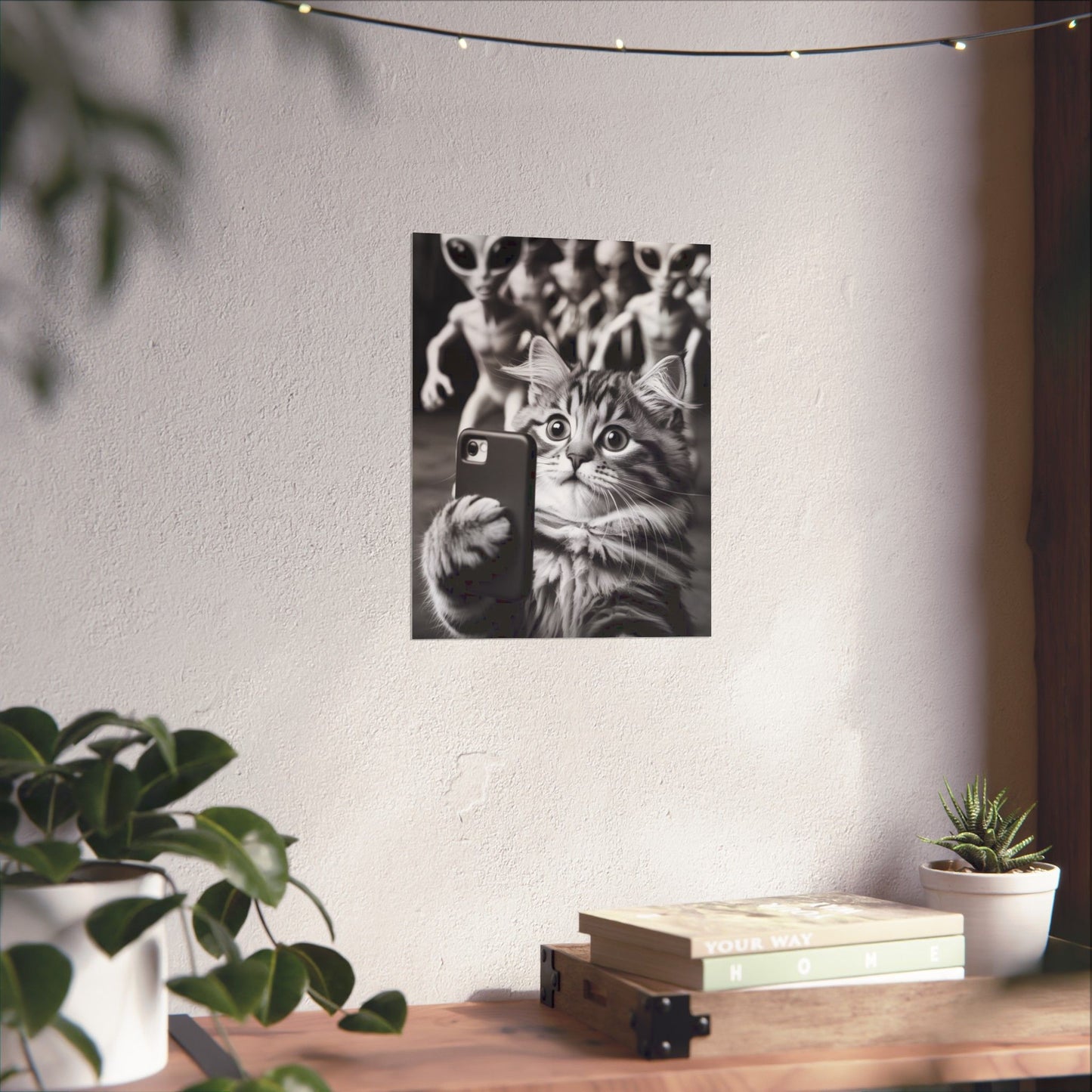 Póster de selfie de gato divertido: arte mural vertical mate con fotobomba de extraterrestre