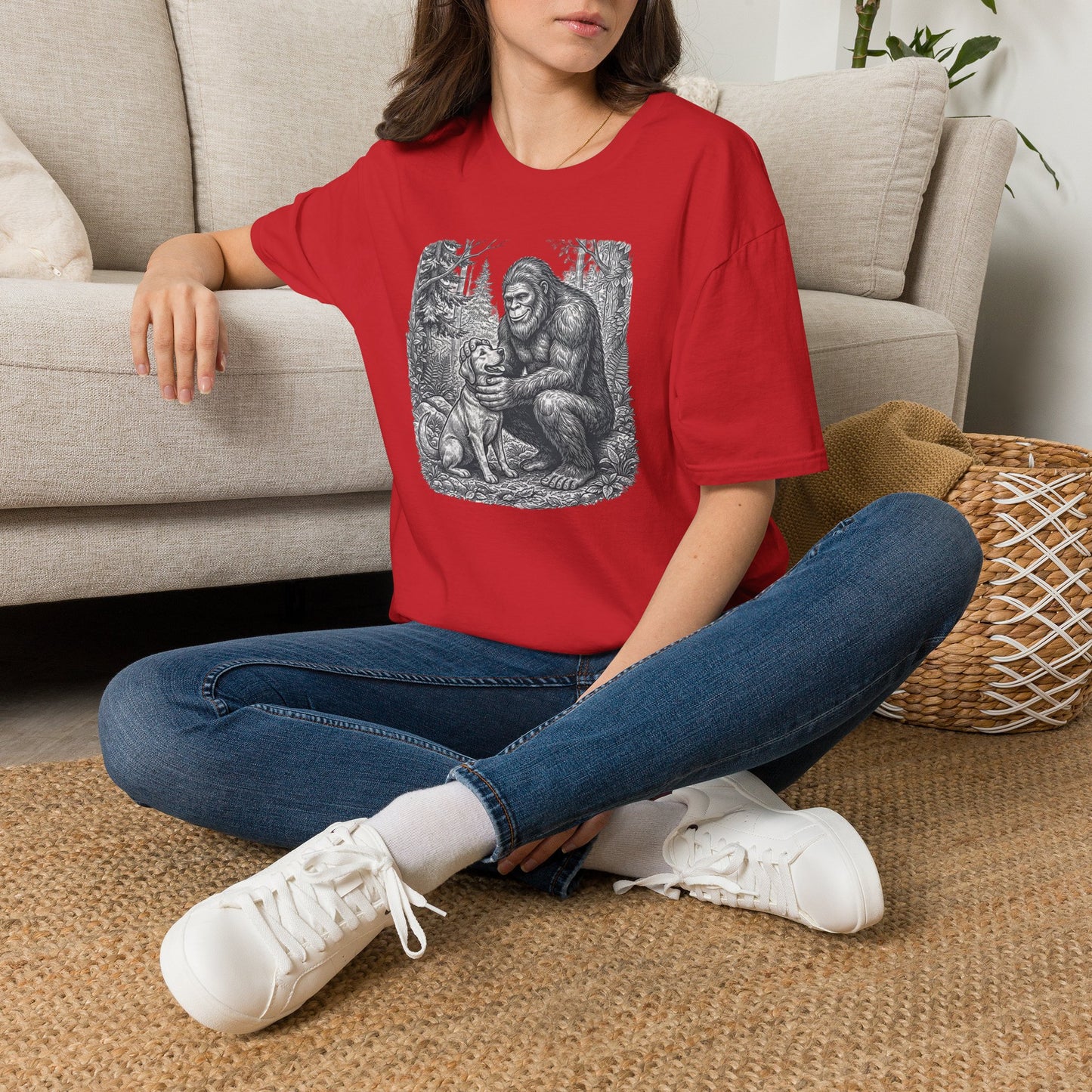 Bigfoot & Dog Graphic T-Shirt — Retro Wilderness Sasquatch Design