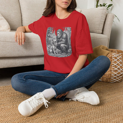 Bigfoot & Dog Graphic T-Shirt — Retro Wilderness Sasquatch Design