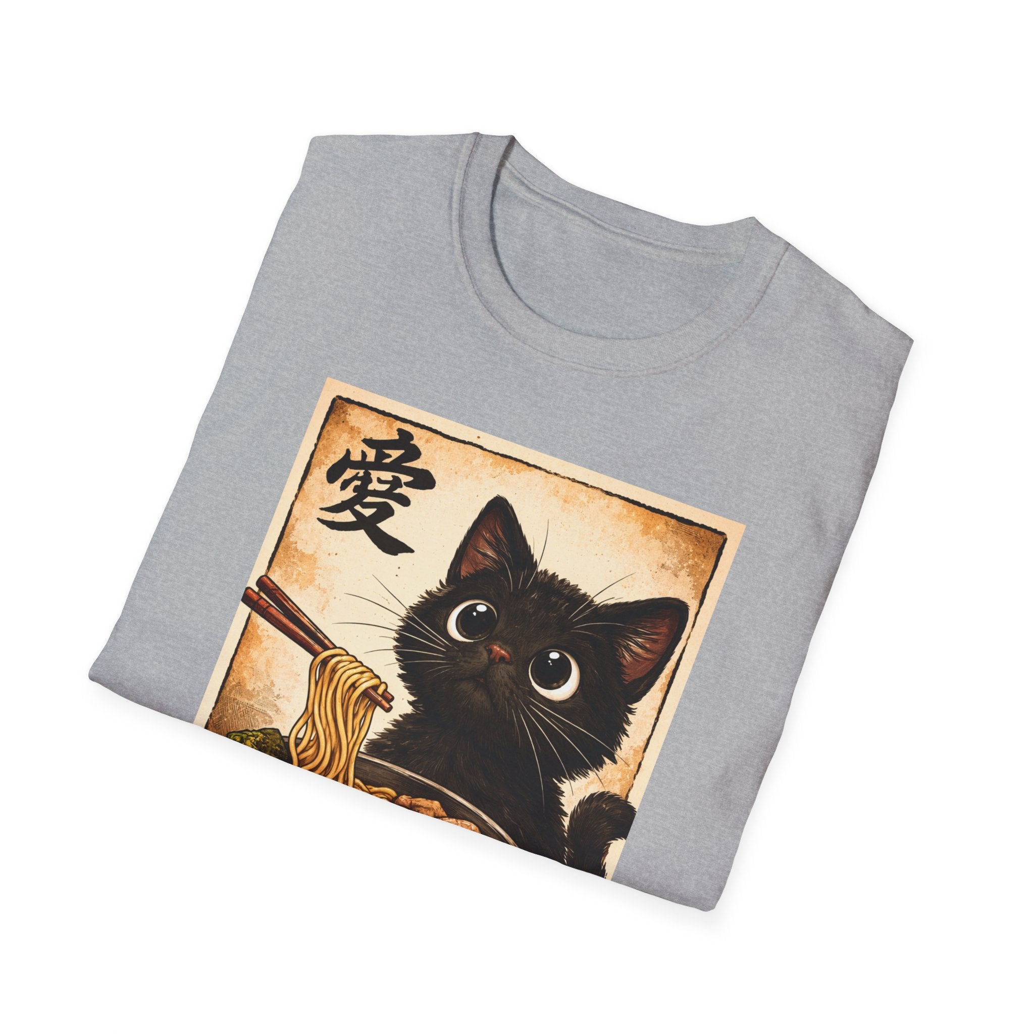 Camiseta de gato ramen: un adorable gato negro comiendo ramen, personaje vintage japonés de amor.