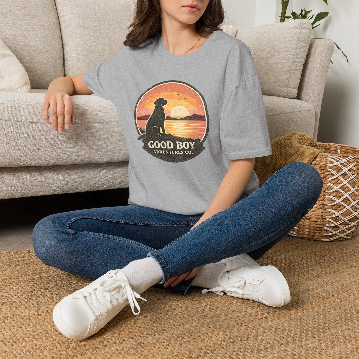Dog Sunset T-Shirt — "Good Boy" Retro Beach Graphic Tee