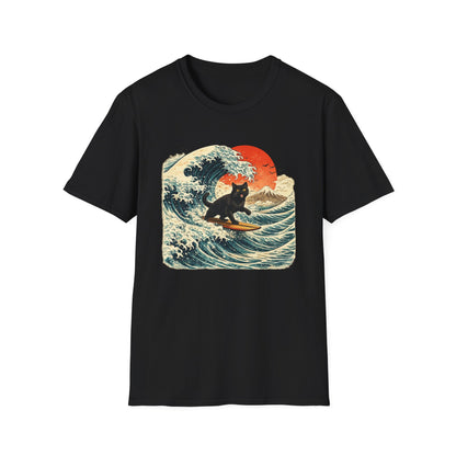 Camiseta Surfing Cat — Camiseta con gráfico de atardecer estilo japonés con olas retro