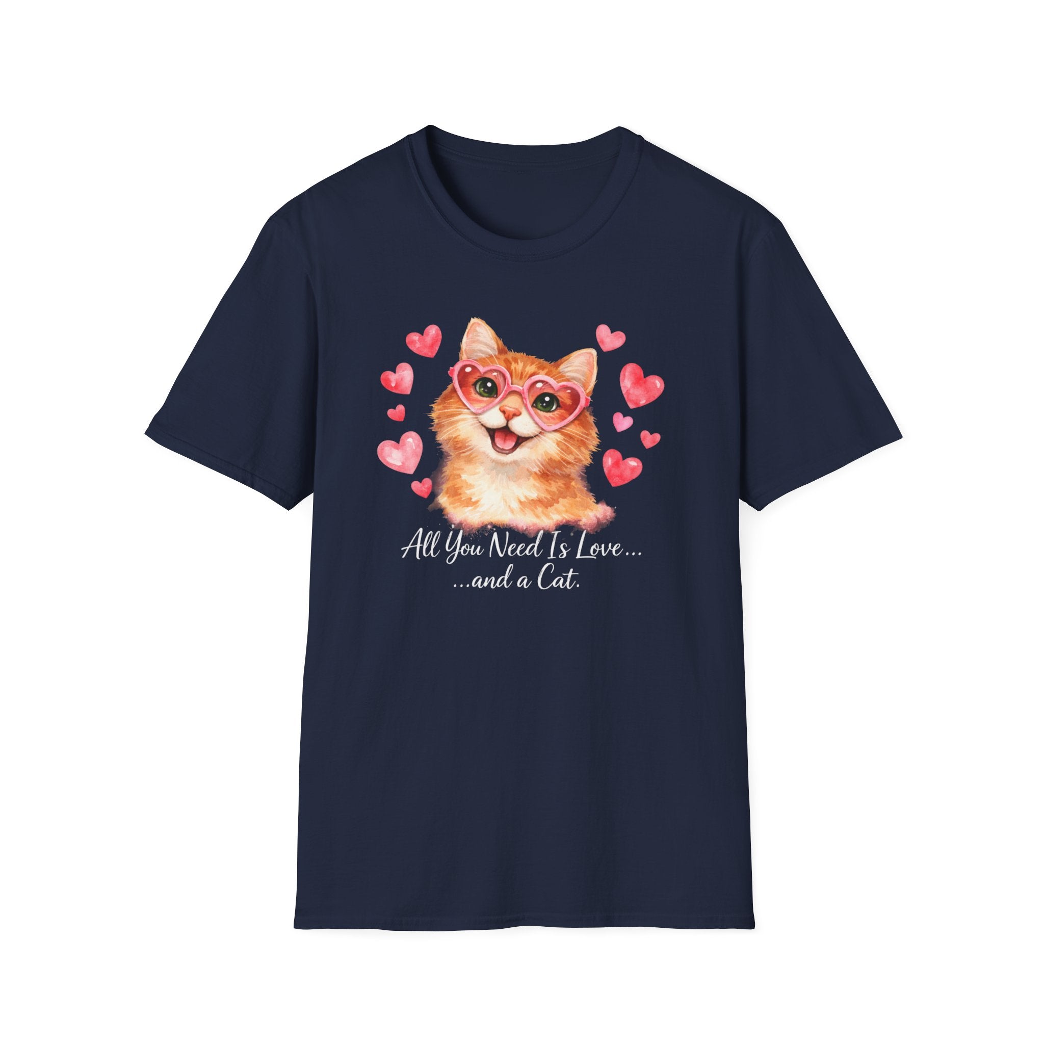 Todo lo que necesitas es amor... y una camiseta de gato — Linda camiseta de gatito con gafas de sol y corazón