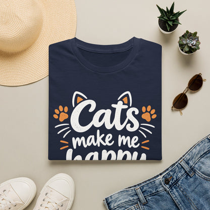 Cats make me happy T‑Shirt – Cute Paw Print & Heart Graphic Tee