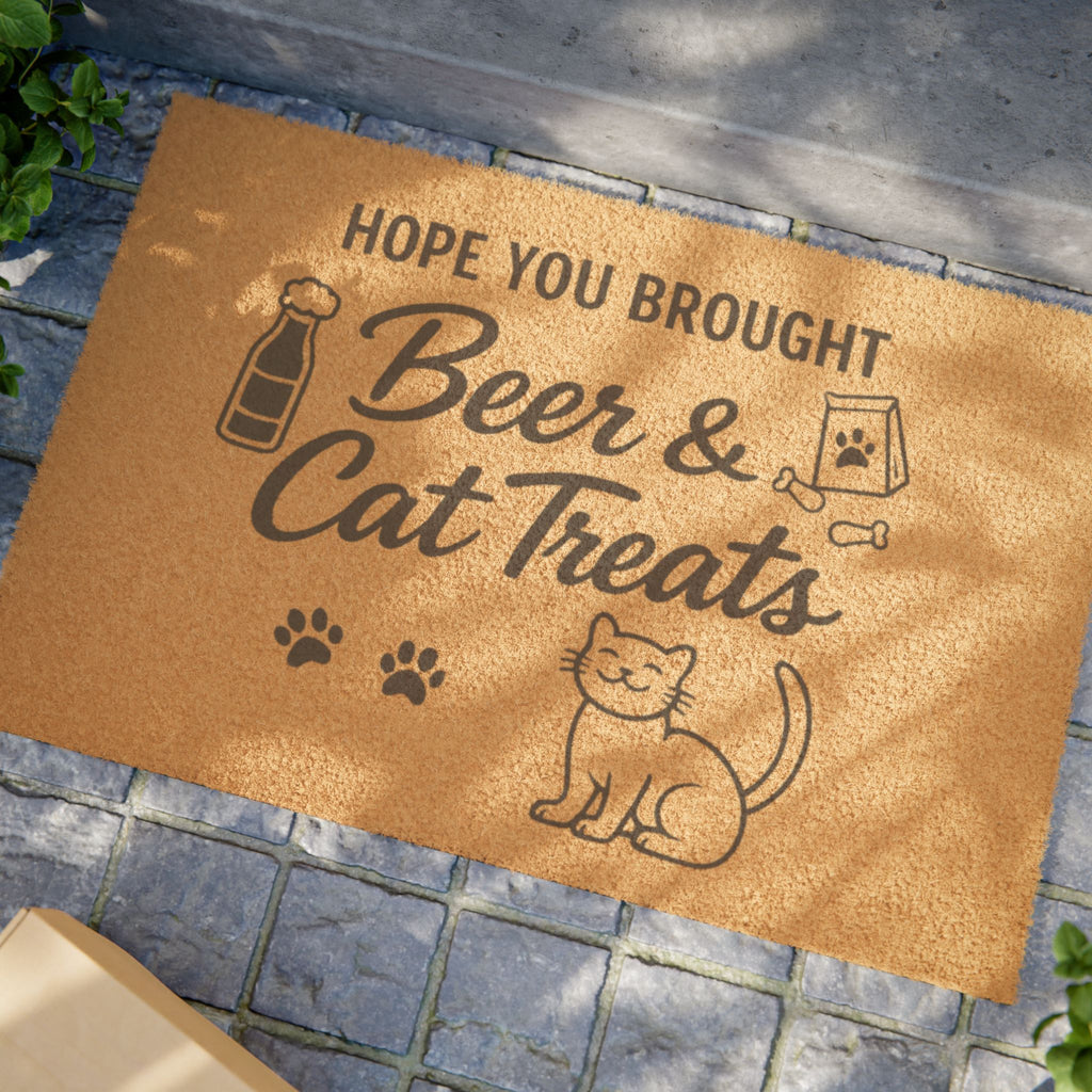 Doormat — "Hope You Brought Beer & Cat Treats" Funny Cat Lover Welcome Mat