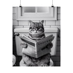Cat Reading Newspaper Poster — Funny Black & White Matte Vertical Wall Art