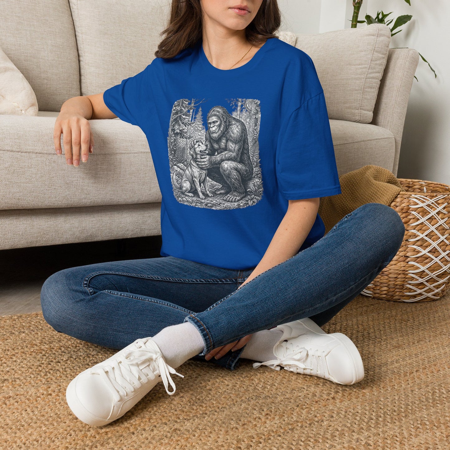 Bigfoot & Dog Graphic T-Shirt — Retro Wilderness Sasquatch Design