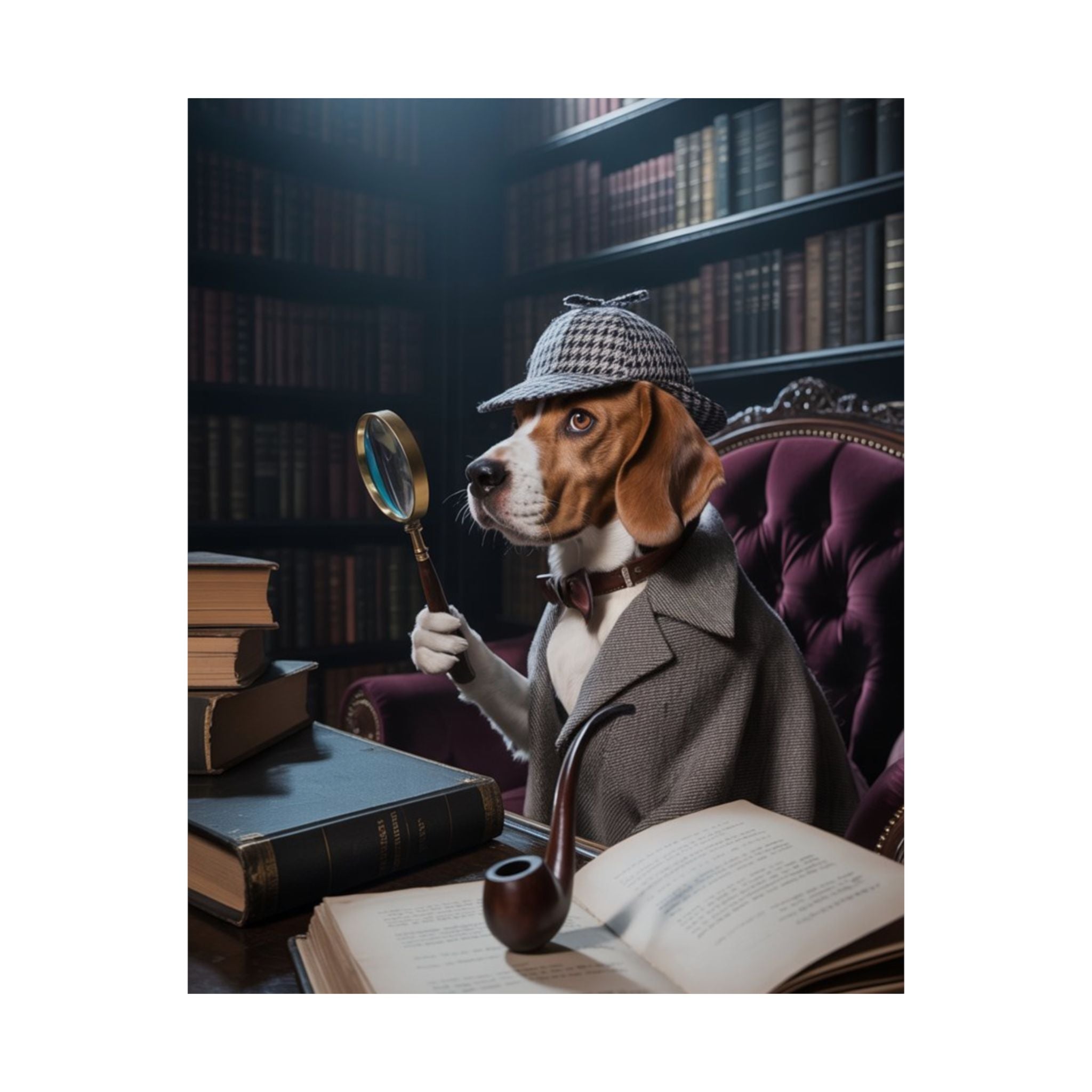 Póster mate de Detective Beagle — Arte mural vintage de perro de biblioteca