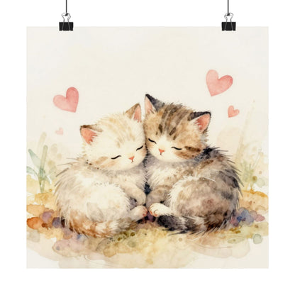 Póster mate de gatitos en acuarela: Gatos durmiendo con corazones