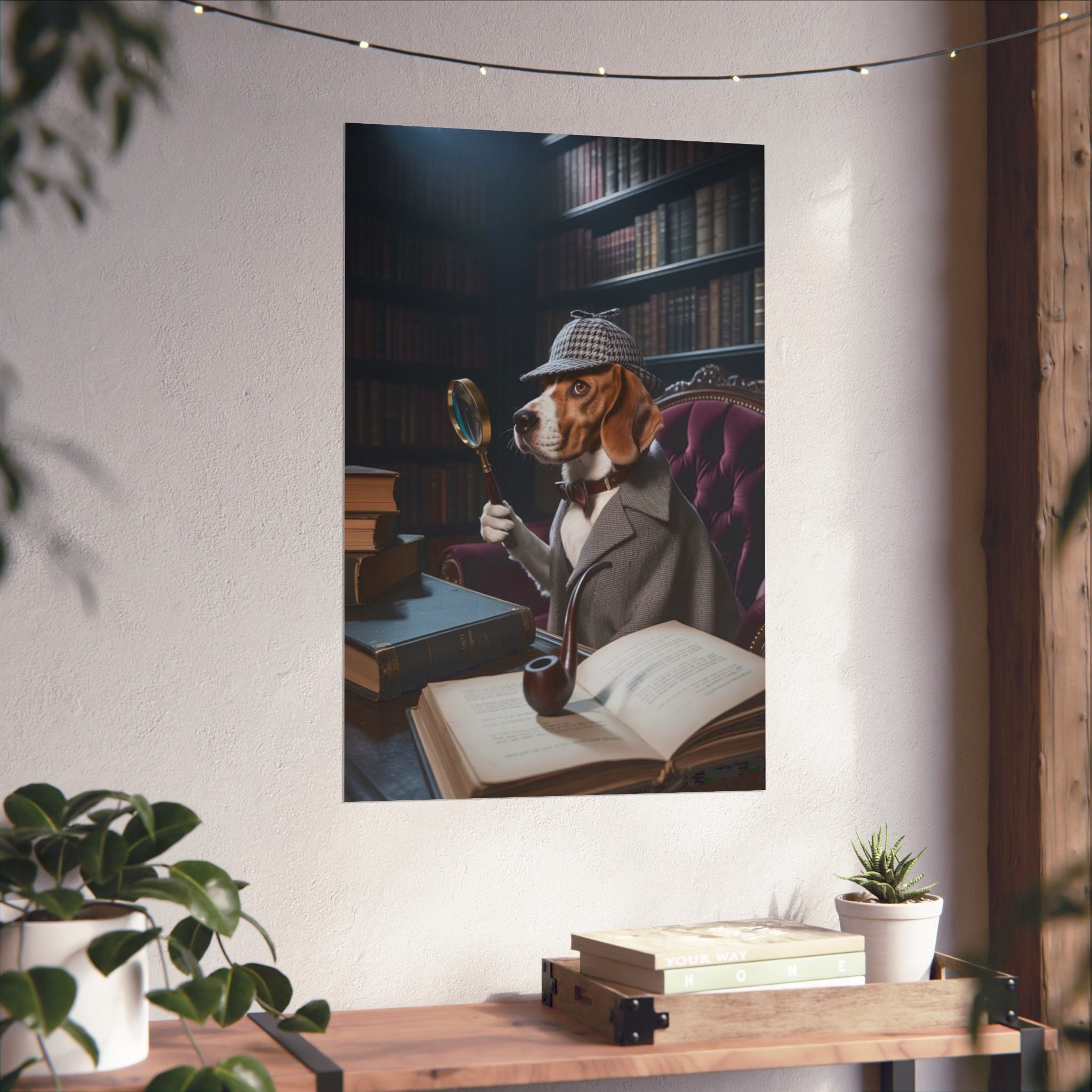 Póster mate de Detective Beagle — Arte mural vintage de perro de biblioteca