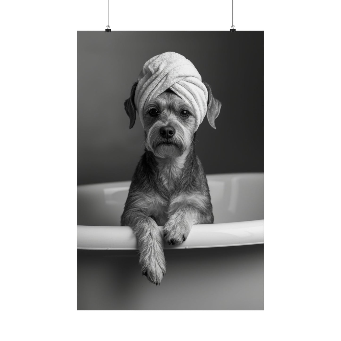 Digital download Spa Pup Matte Vertical Poster — Black & White Dog in Bathtub Print