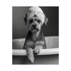Spa Pup Matte Vertical Poster — Black & White Dog in Bathtub Print
