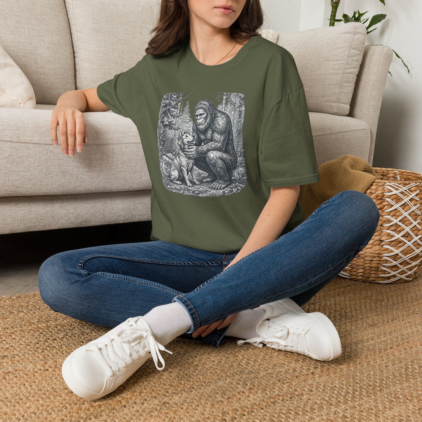 Bigfoot & Dog Graphic T-Shirt — Retro Wilderness Sasquatch Design