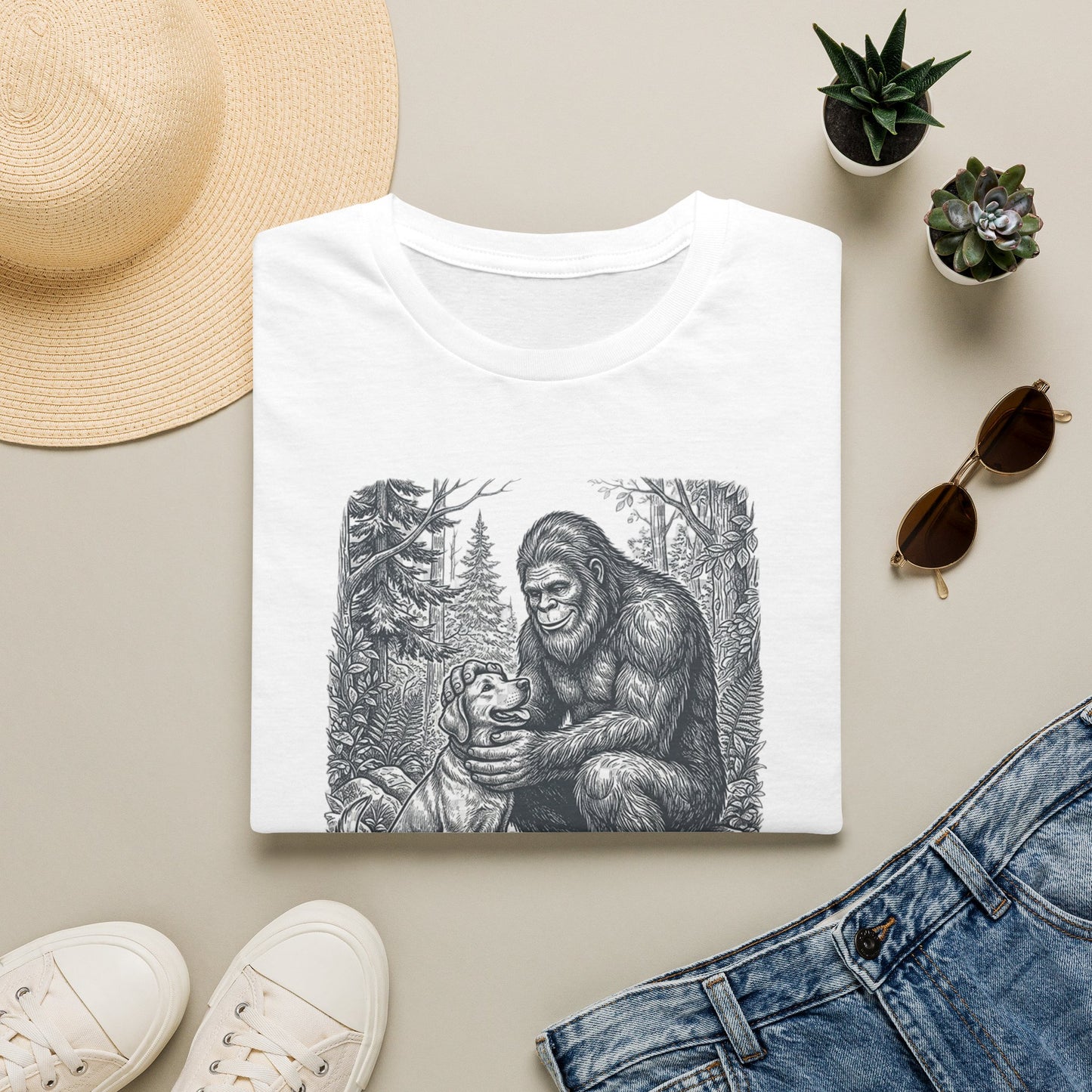 Bigfoot & Dog Graphic T-Shirt — Retro Wilderness Sasquatch Design
