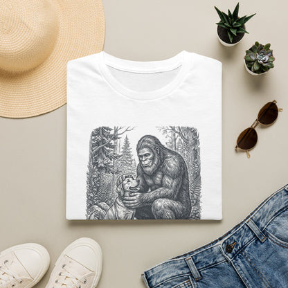 Bigfoot & Dog Graphic T-Shirt — Retro Wilderness Sasquatch Design