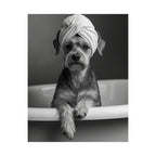 Spa Pup Matte Vertical Poster — Black & White Dog in Bathtub Print