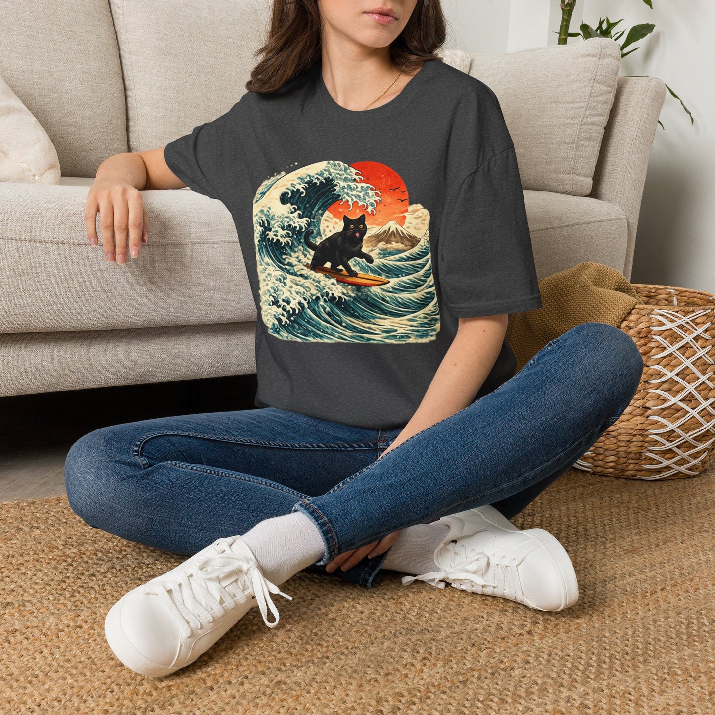 Surfing Black Cat T-Shirt — Vintage Wave Sunset Tee