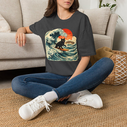 Surfing Black Cat T-Shirt — Vintage Wave Sunset Tee