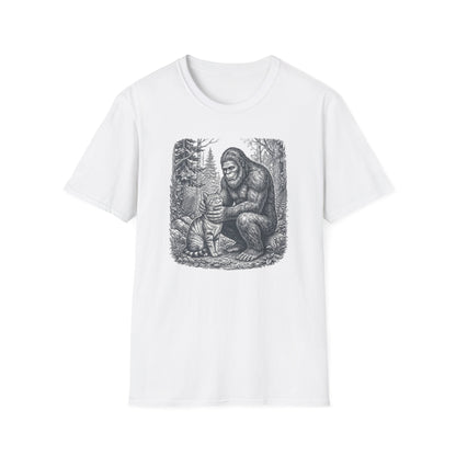 Bigfoot & Cat T-Shirt — Vintage Sasquatch Forest Illustration