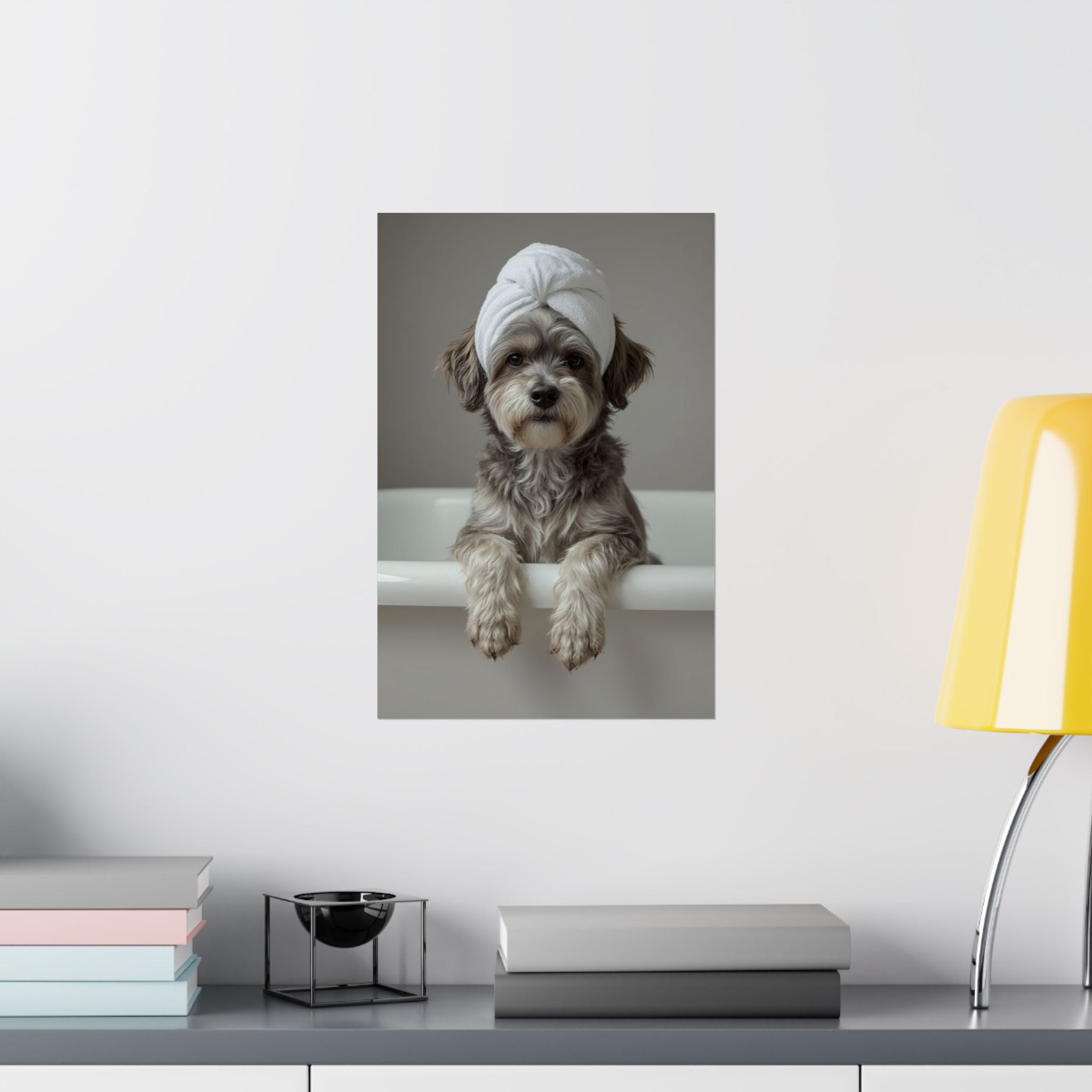 Dog Spa Poster — Cute Puppy in Towel Matte Vertical Wall Art