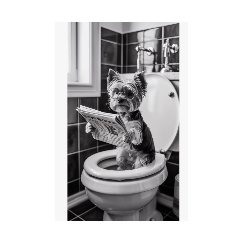 Funny Yorkie Bathroom Poster — Black & White Matte Vertical Dog Wall Art