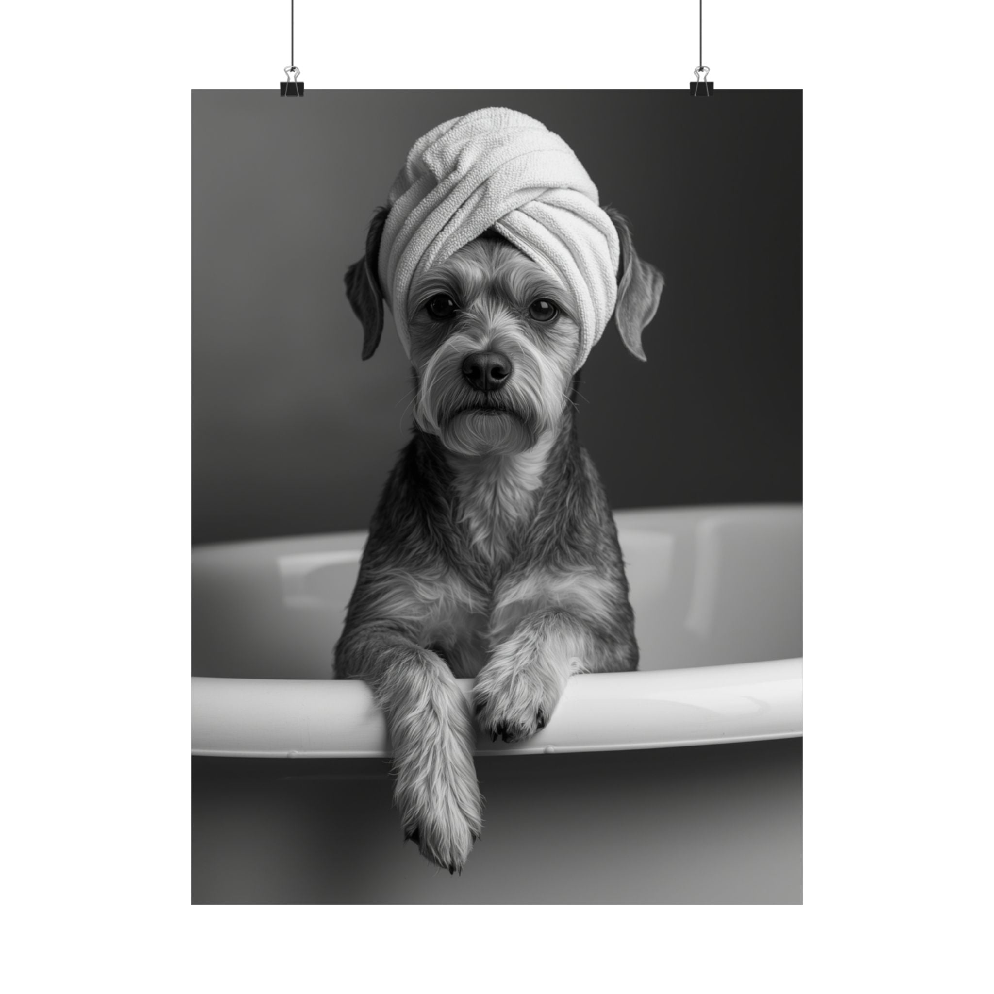Digital download Spa Pup Matte Vertical Poster — Black & White Dog in Bathtub Print