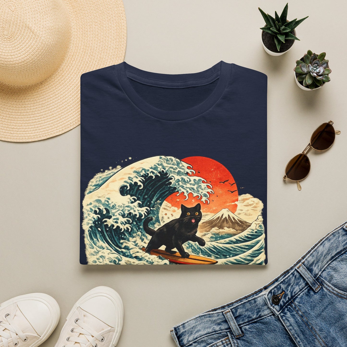 Surfing Black Cat T-Shirt — Vintage Wave Sunset Tee