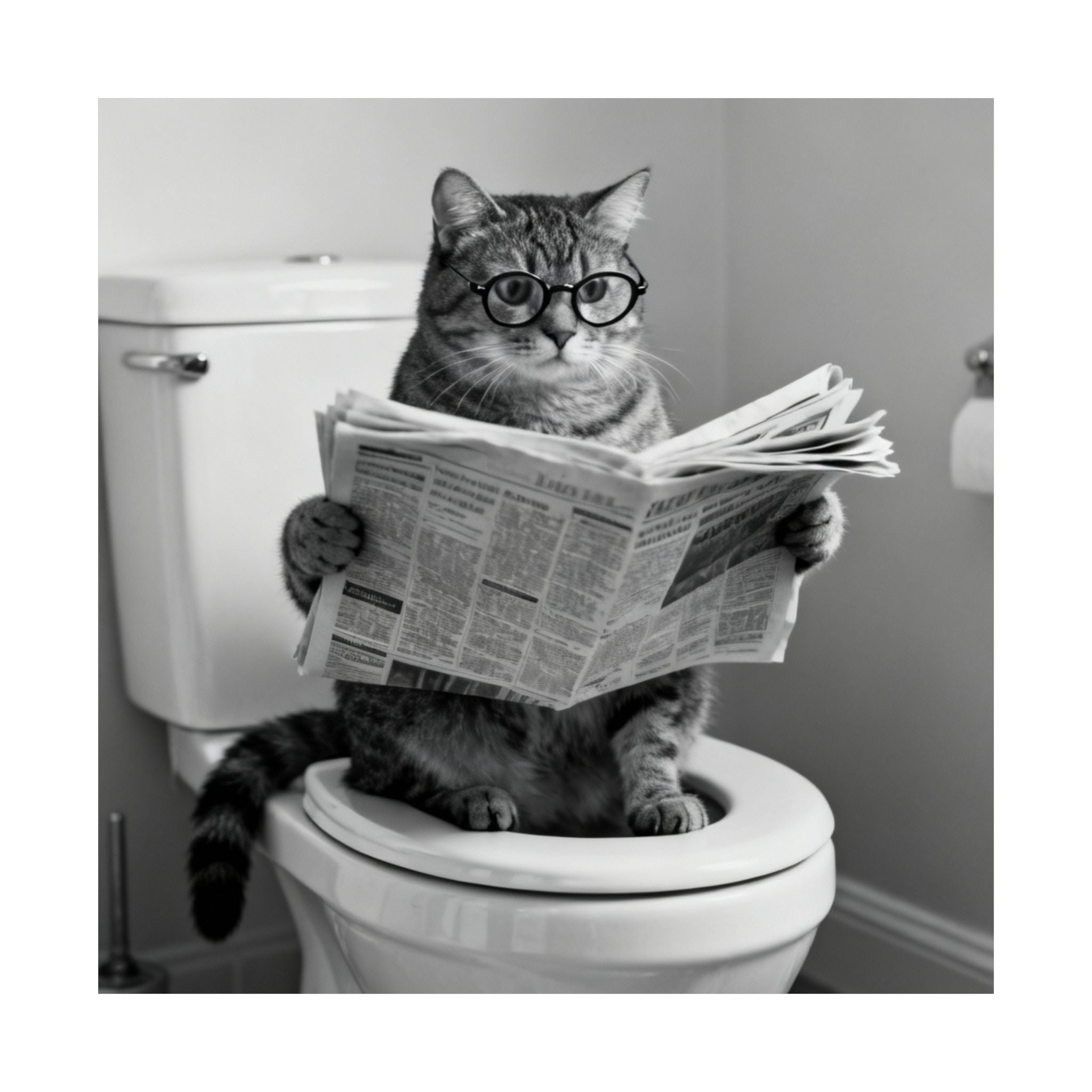 Digital download Cat Bathroom Poster – Funny Cat Reading Newspaper Wall Art, Quirky Black & White Matte Vertical Print