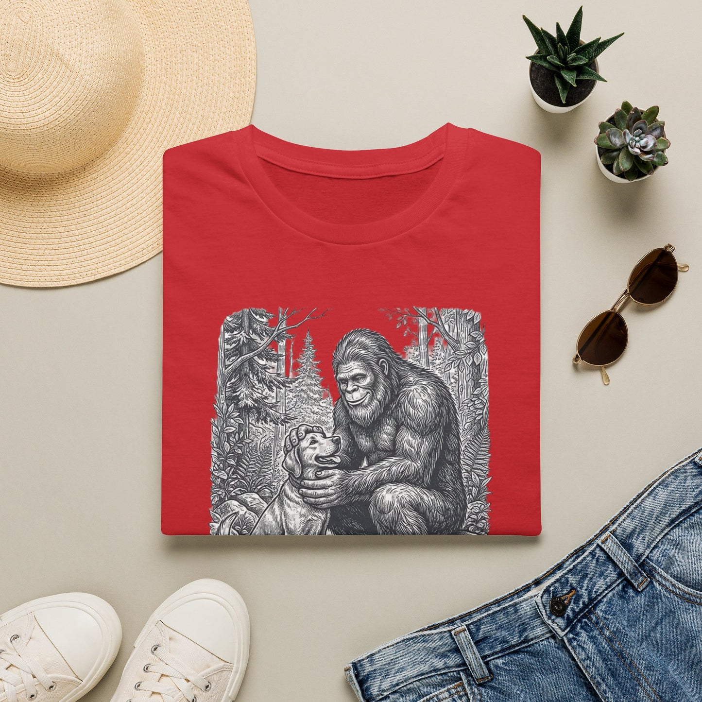 Bigfoot & Dog Graphic T-Shirt — Retro Wilderness Sasquatch Design