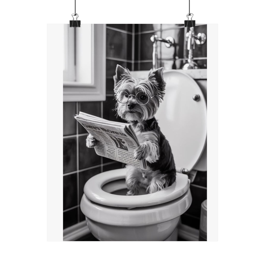 Funny Yorkie Bathroom Poster — Black & White Matte Vertical Dog Wall Art