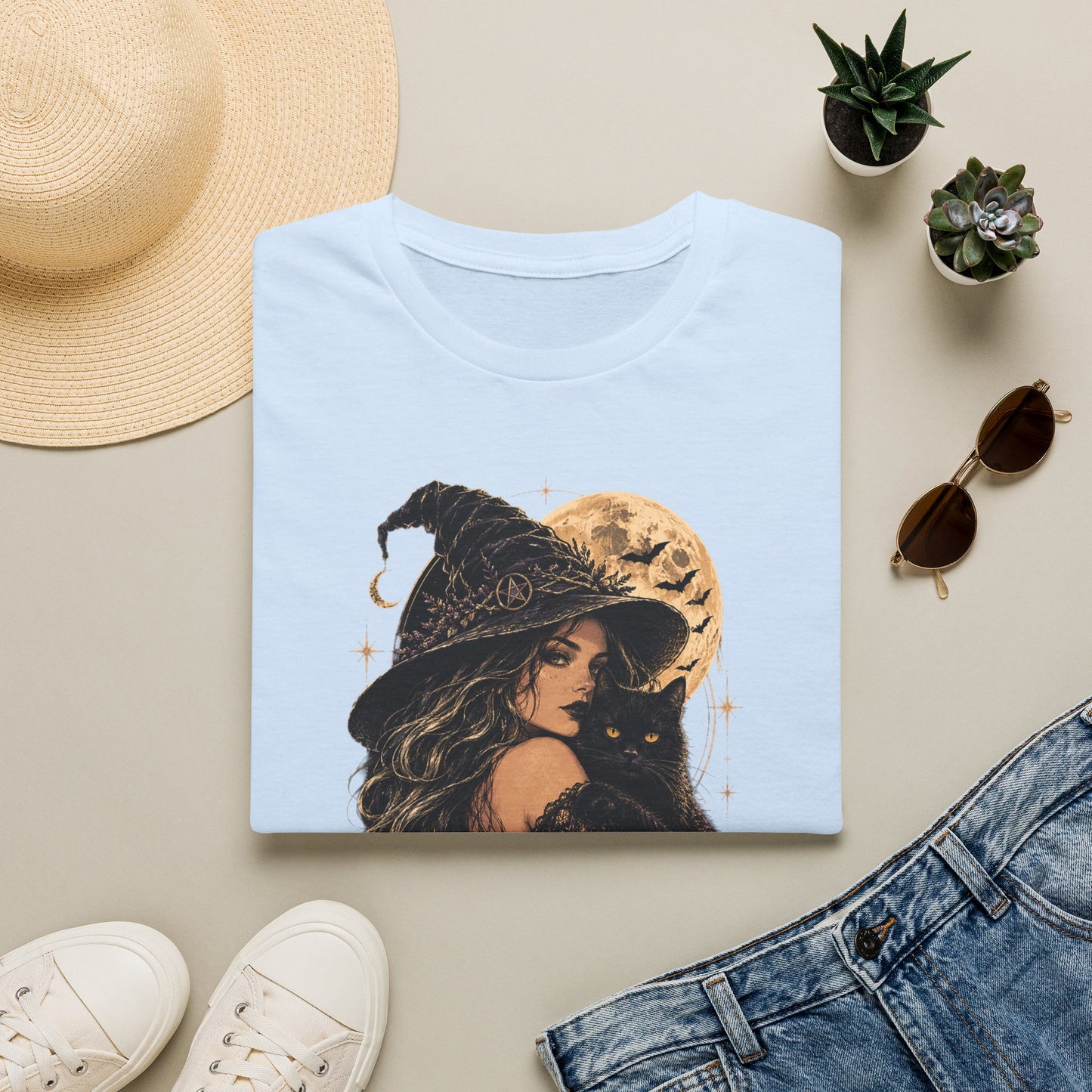 Witch & Black Cat Moon T-Shirt — Mystical Halloween Graphic Tee