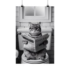 Cat Reading Newspaper Poster — Funny Black & White Matte Vertical Wall Art