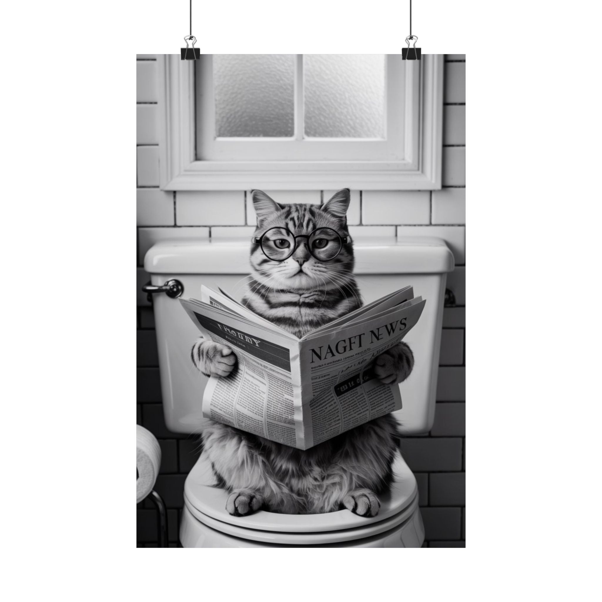 Digital download Cat Reading Newspaper Poster — Funny Black & White Matte Vertical Wall Art