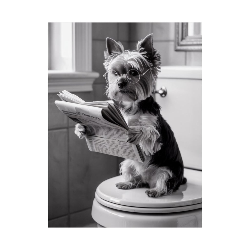 Funny Yorkie Reading Newspaper Poster — Matte Vertical Dog Wall Art