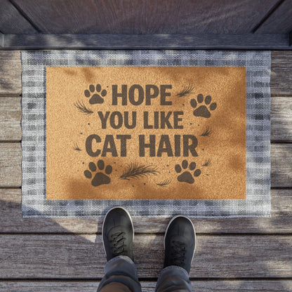 Felpudo de bienvenida con forma de pata de gato, "Espero que te guste el pelo de gato".