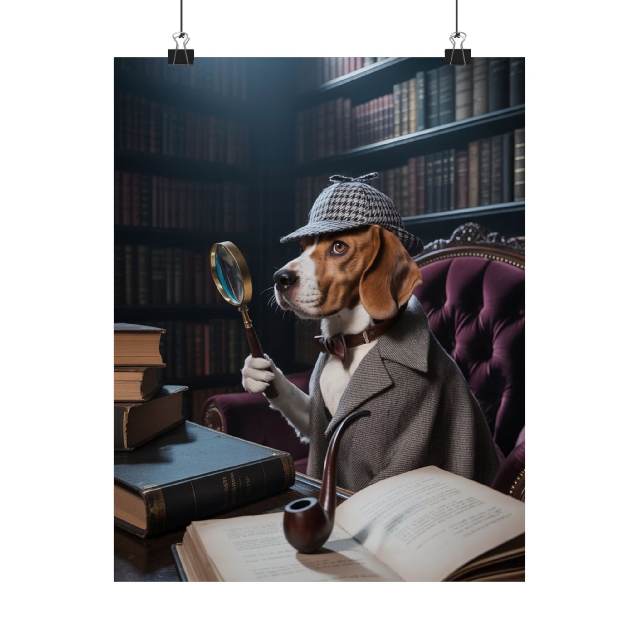 Póster mate de Detective Beagle — Arte mural vintage de perro de biblioteca