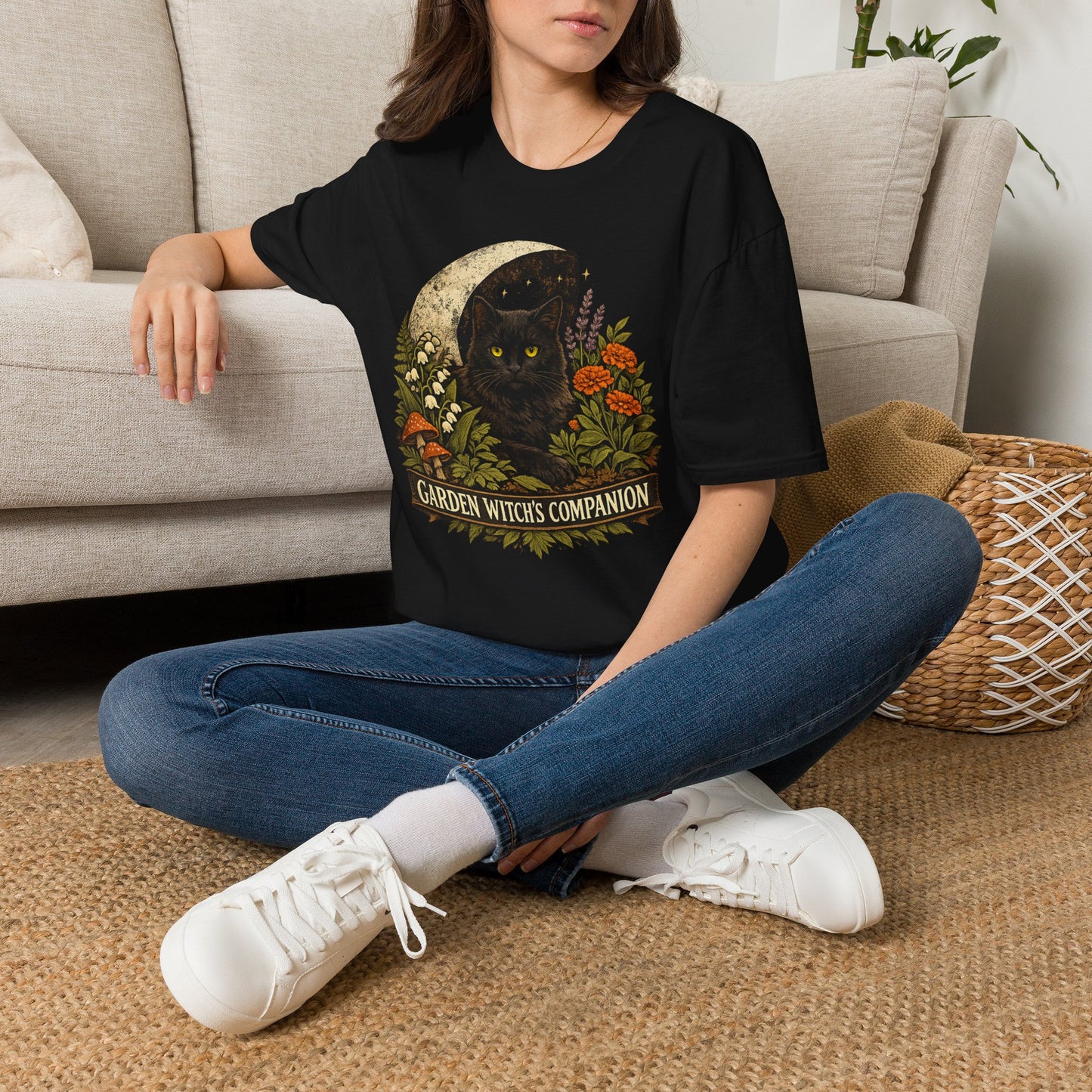 Garden Witch's Companion Cat T-Shirt — Moon, Marigold & Lily of the Valley Graphic Tee