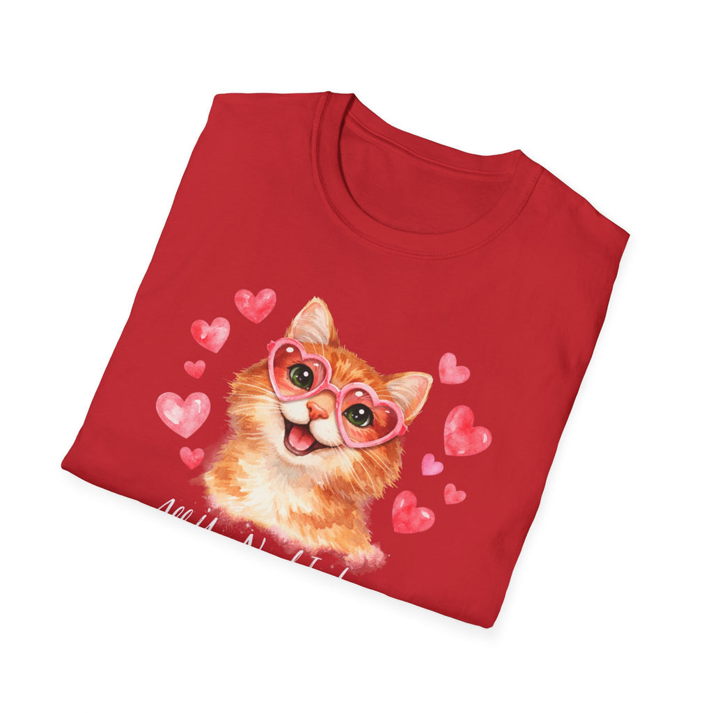 Todo lo que necesitas es amor... y una camiseta de gato — Linda camiseta de gatito con gafas de sol y corazón