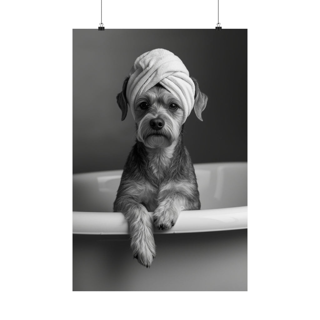 Spa Pup Matte Vertical Poster — Black & White Dog in Bathtub Print
